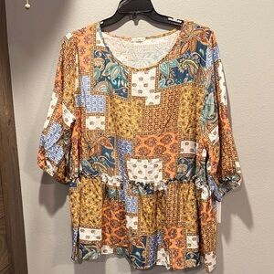 E Luna Patchwork Print Women's Top 3X NWOT